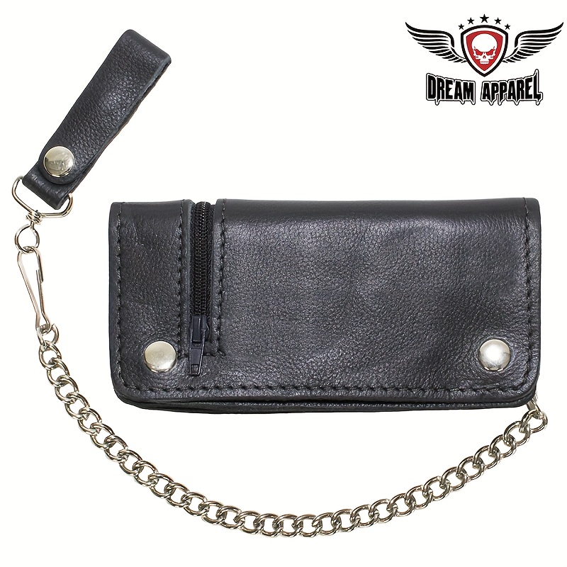 TEMU Men's And Women's Bifold Chain Wallet Top-grain Leather With Chain For Anti-theft - A Casual Biker Style Long Wallet For Cards And Cash - Trucker Wallet With Snap Closure