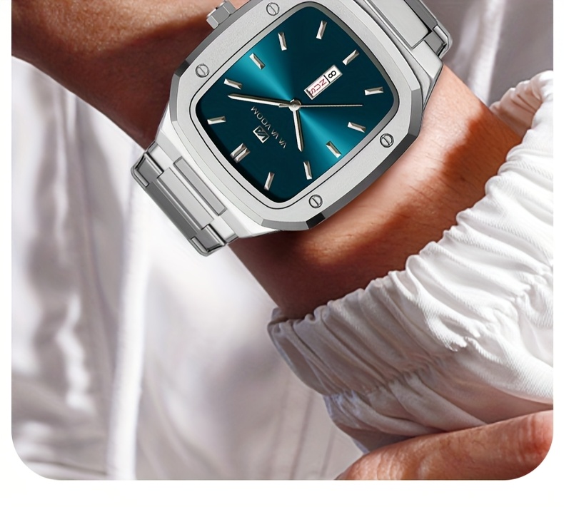 1pc luxury mens quartz watch   dial stainless steel strap blue silvery   clock casual business original movement dual calendar timing week for man industrial style   watches details 9