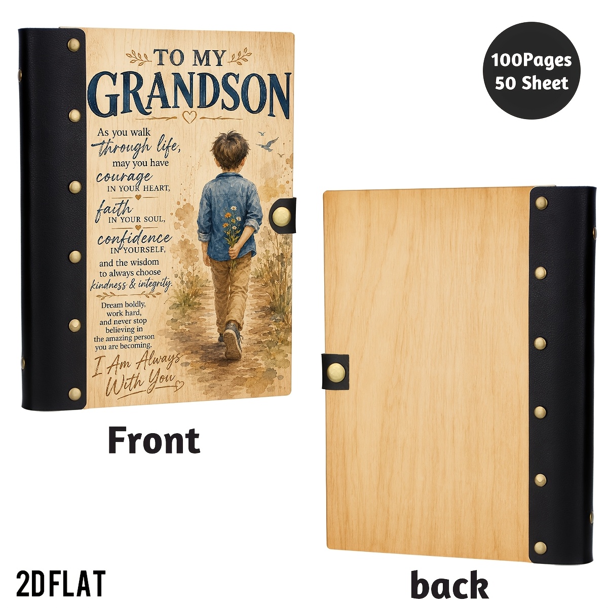 TEMU 1pc To My Grandson Wooden Hardcover Notebook, Motivational Journal, Ideal For Grandson Encouragement And Personal Notes. Features Leather Rivet