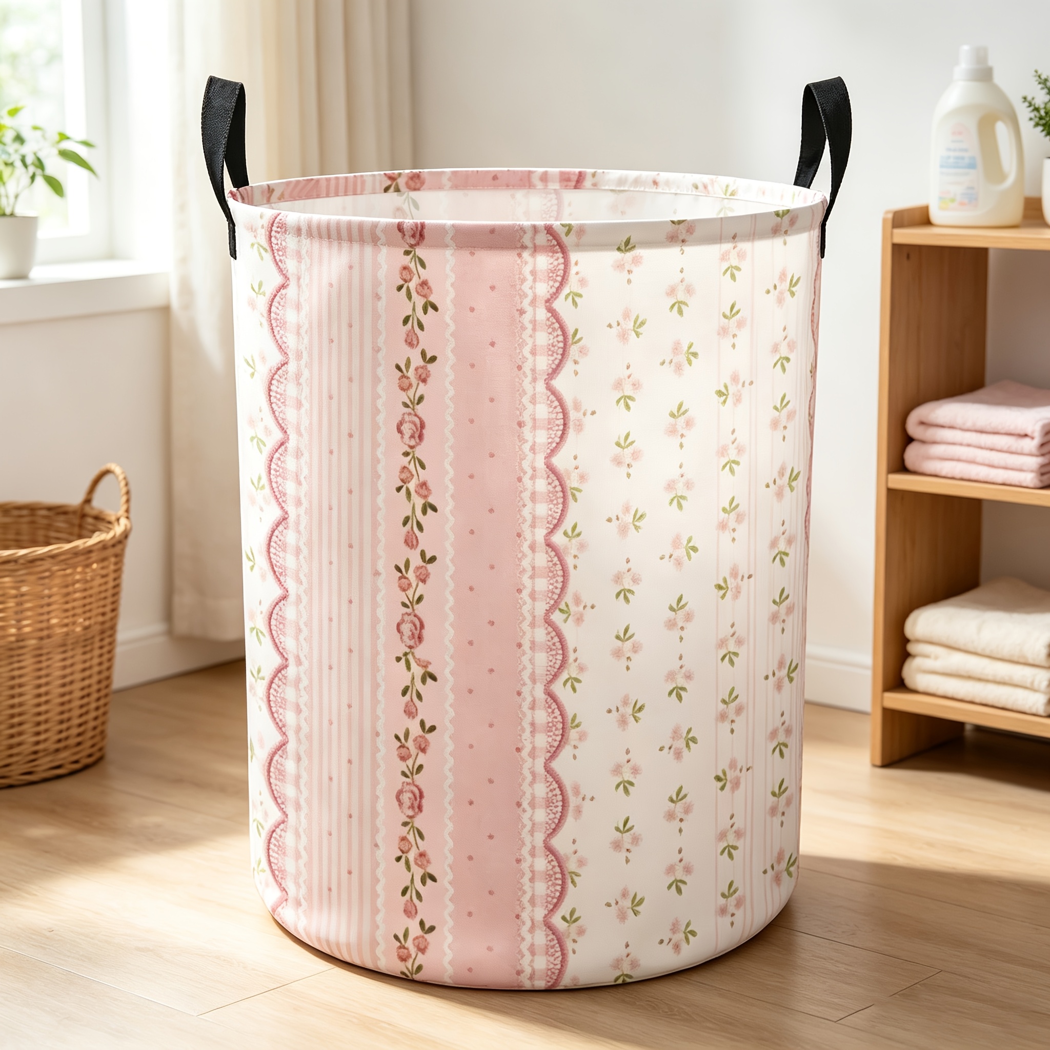 TEMU 1pc Laundry Hamper, Pink Floral Border Striped Pattern, Storage Basket With Handles, Round Dirty Clothes Basket, Bedroom Laundry Room Dorm