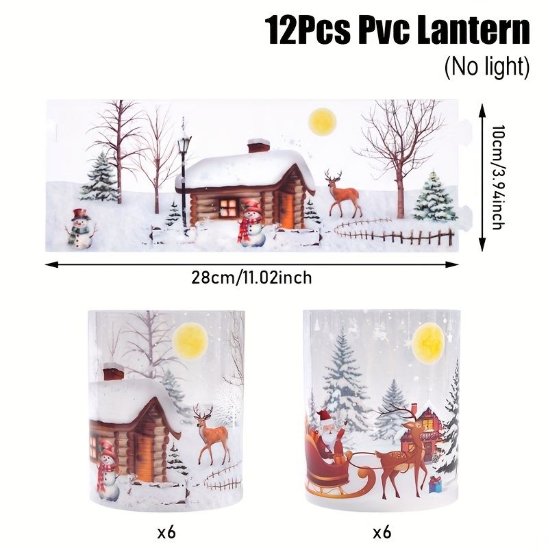 TEMU 12pcs, Christmas Plastic Lampshade (without Lights), Snowman Elk House Design Transparent Candle Lantern Decoration, Merry Christmas Party