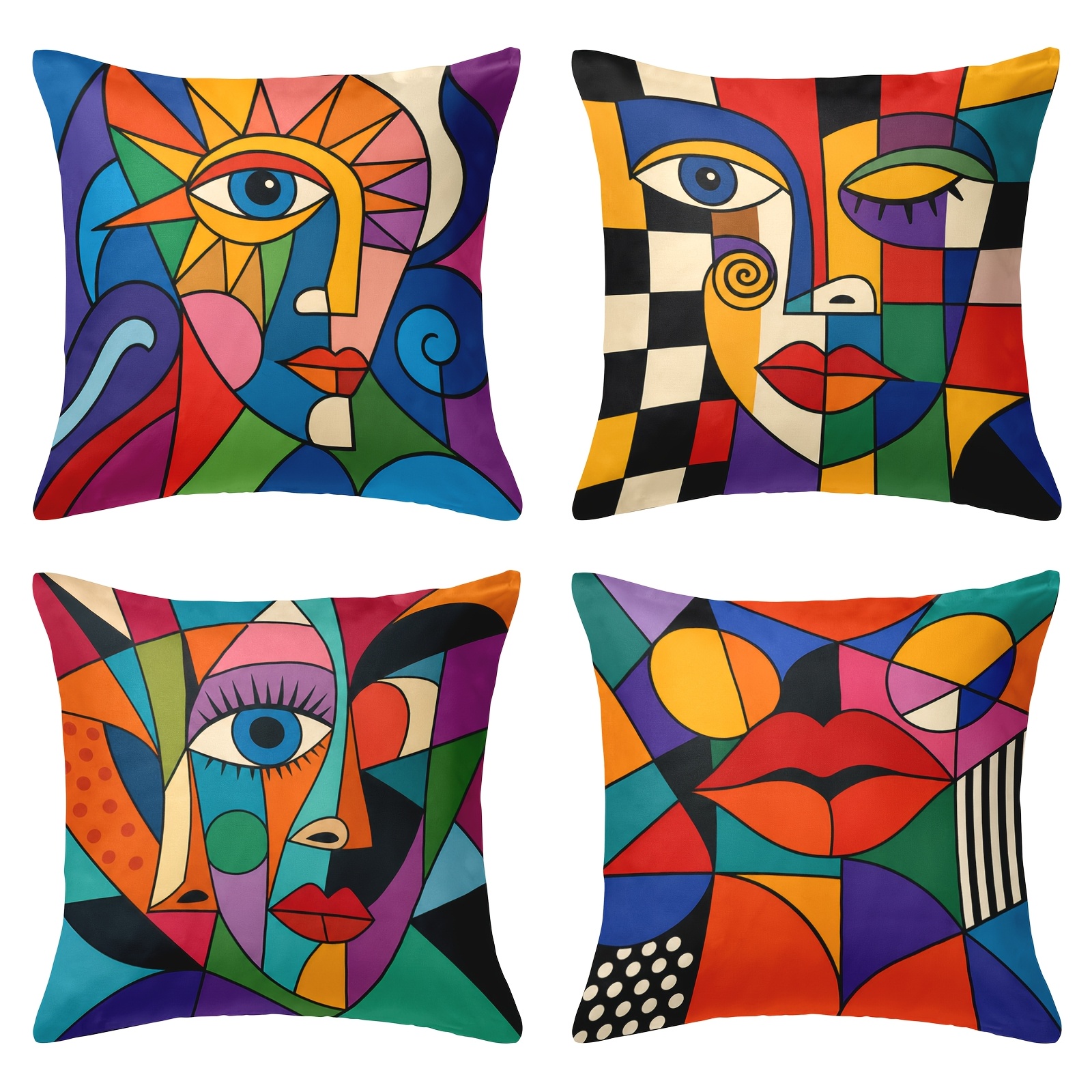 TEMU 4pcs Set Abstract Picasso-style Geometric Face Print Pillow Covers, Single-sided Sofa Cushion Covers
