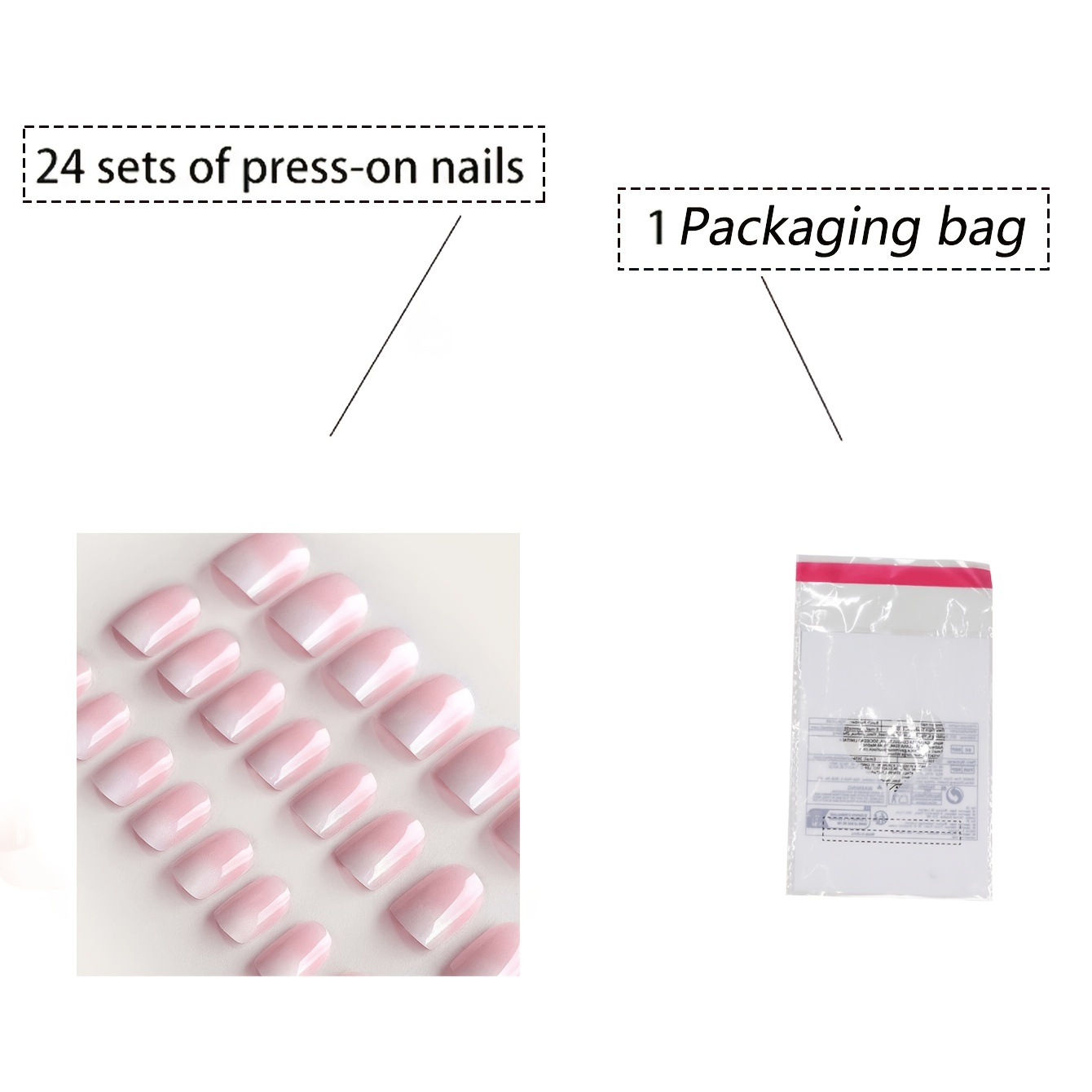 25pcs(24 Wearable Armor+1packaging Bag)shiny Short Squoval Press-on Nails In A Gradient Of White And Pink, Featuring A French Style. Reusable Acrylic Fake Nails