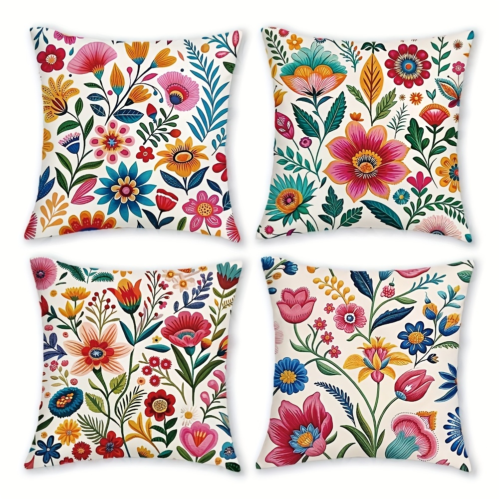 TEMU 4pcs Bohemian Dopamine Floral Cushion Covers - Multicolor Zippered Sofa Pillowcases Suitable For Indoor/outdoor Use, Modern Bed & Couch Decor,