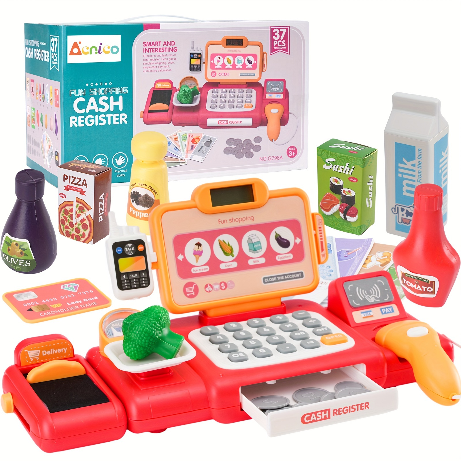 

Cash Register Toy Playset, 37 Pcs Pretend Play Money, Shopping Kids Cash Register With Scanner, Calculator, Microphone, Credit Card, Weigher, , Play Food, Gift For Ages 3+ Boys Girls