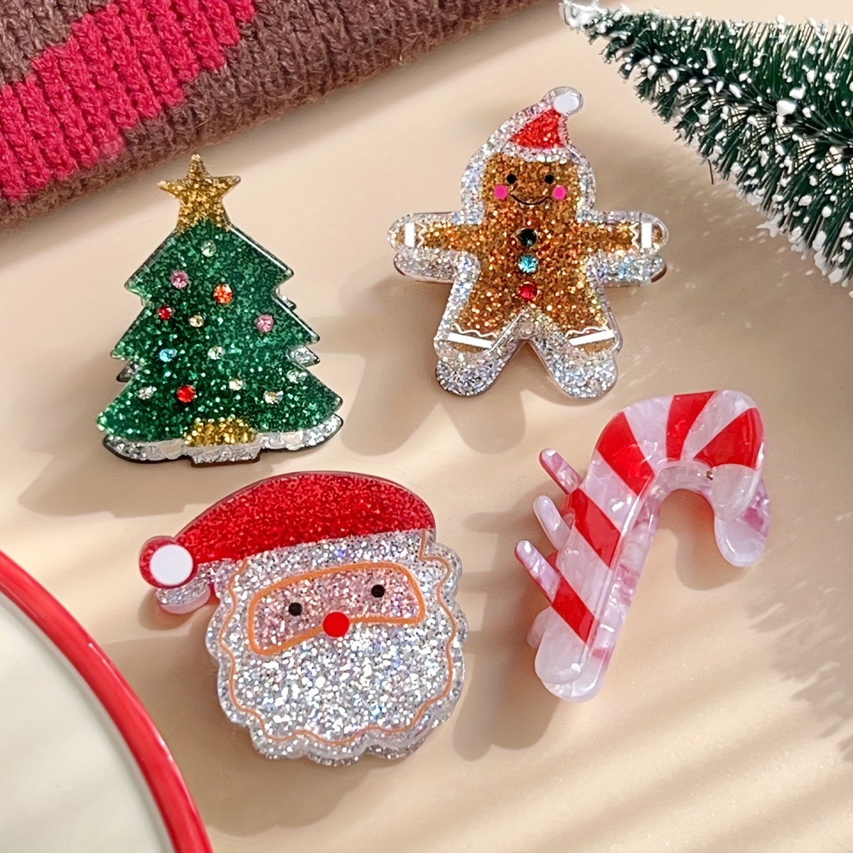 Image of 4pcs Christmas Hair Clips, Cute Christmas Atmosphere Series Hair Clips, Glitter, Very Suitable For Holiday Parties And Decoration, Christmas Accessories