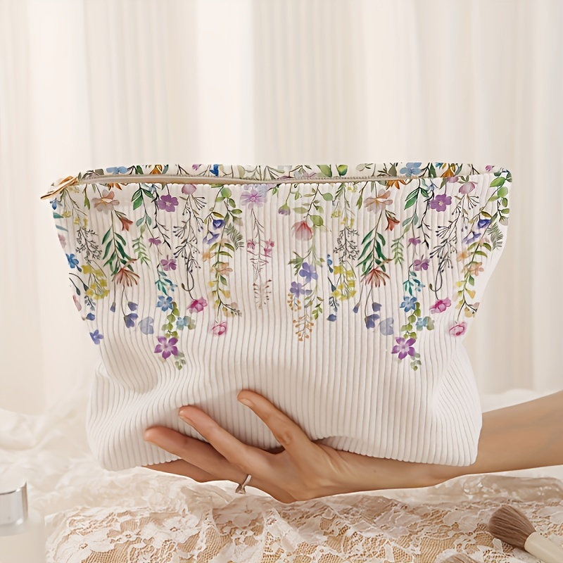 Image of Hand-painted Floral Corduroy Makeup Bag - Lightweight Multi-functional Toiletry Organizer With Lining, Zipper Closure & Vibrant Mixed Colors For Travel, Daily Use, Toiletry Travel Bag, , Soft Texture