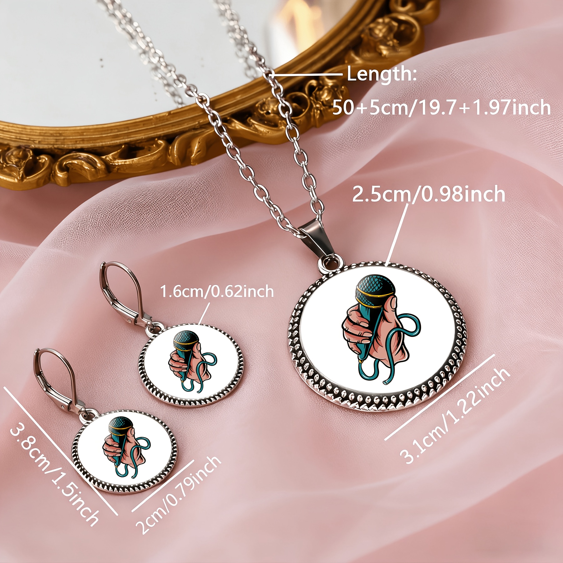 3pc Women's Round Glass Base Classic Necklace Earrings Set