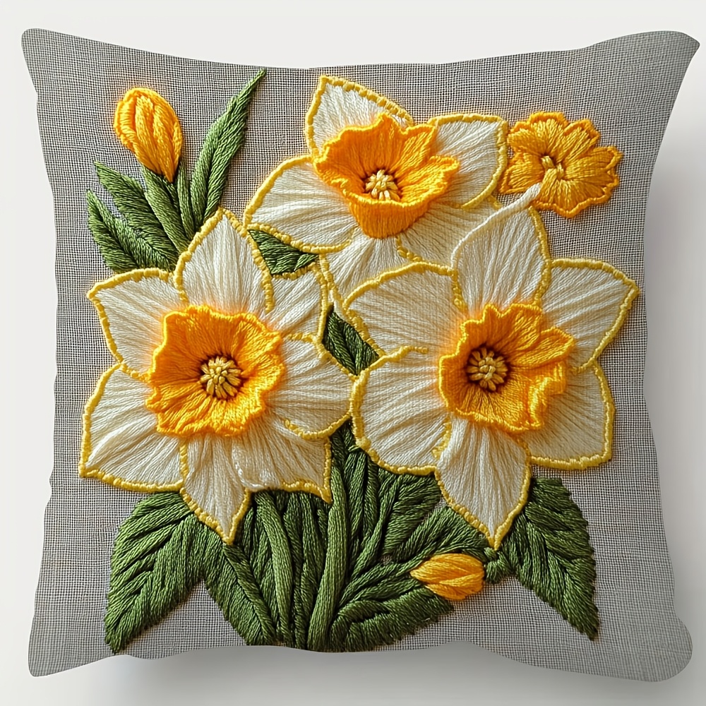 

1pc Vintage Daffodil Embroidered Pillow Cover, 18x18 Inch, Hand Wash Only, Polyester, Woven, Decorative Cushion Case For Room Types, March , Living Room And Bedroom Decor (pillow Insert Not Included)