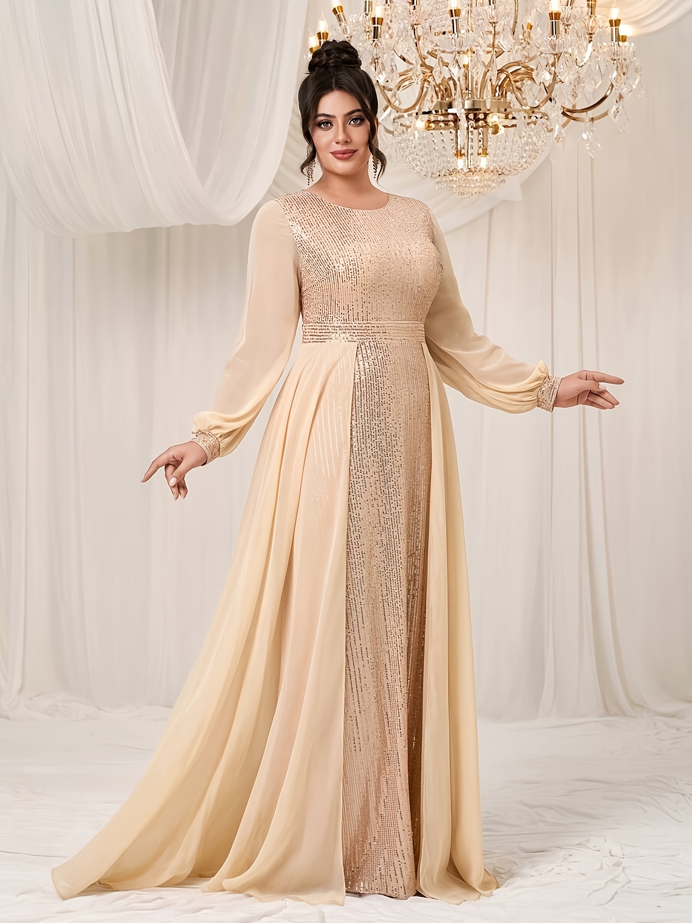 Plus Size, Plus Size Evening Gown * Sequin Maxi Dress, Chiffon Beaded Long  Sleeve Party Dress, High Waist Gown, New Year's Eve * Toast Dress