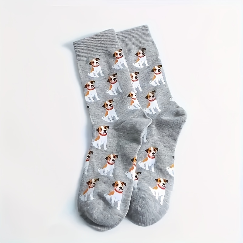 Image of 1 Pair Men's Cartoon Dog Pattern Socks, 100% Polyester Knit Fabric, Animal Crew Socks, Hand Wash Or