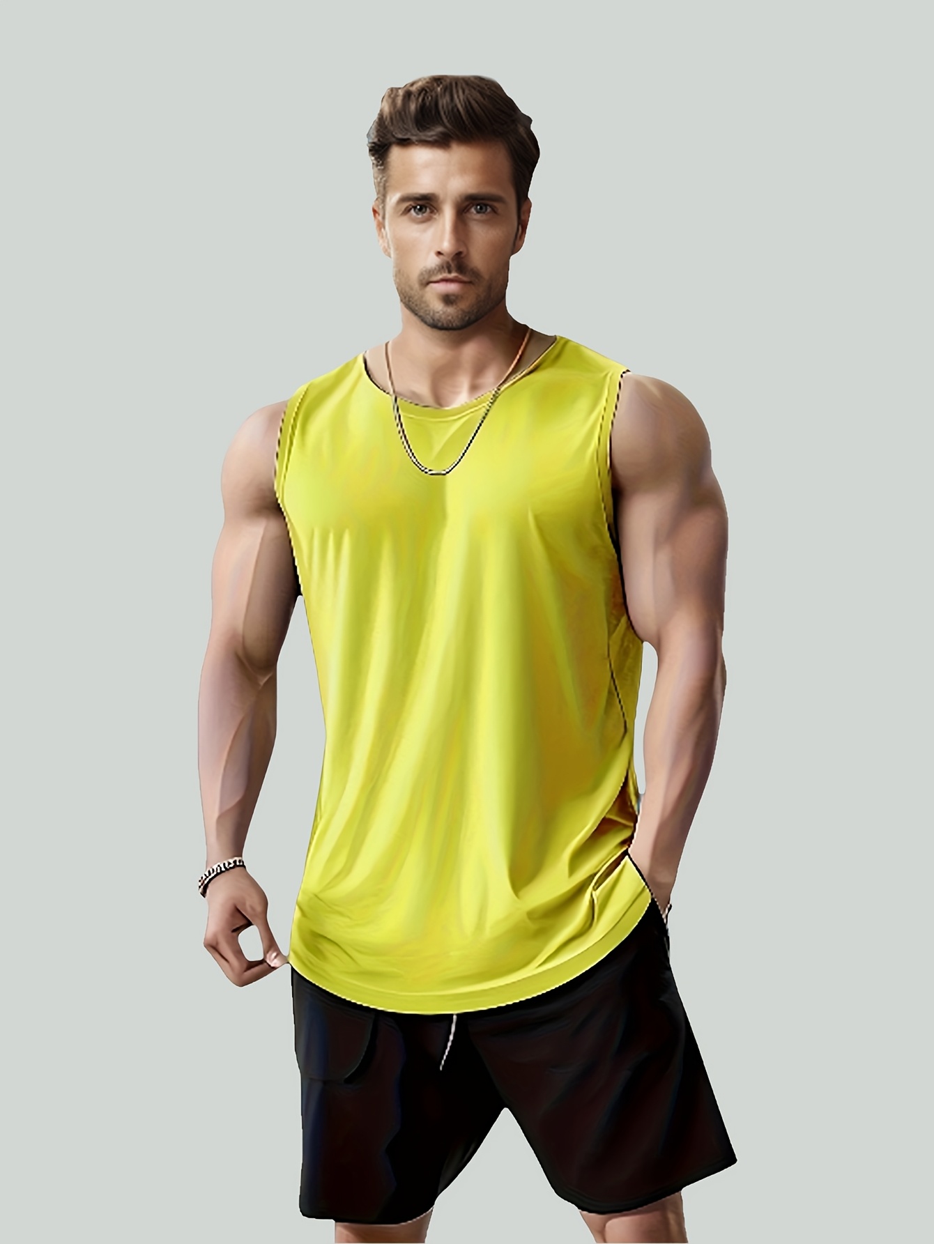 [Lightweight Design] Men's Quick-Dry Sleeveless Gym Shirt - Breathable, Moisture-Wicking Polyester Mesh Tank Top for Running & Fitness, Round Neck, Regular Fit, Sports Vest|Casual Sports Style|Breathable Mesh, Gym Clothes, PLUS SIZE