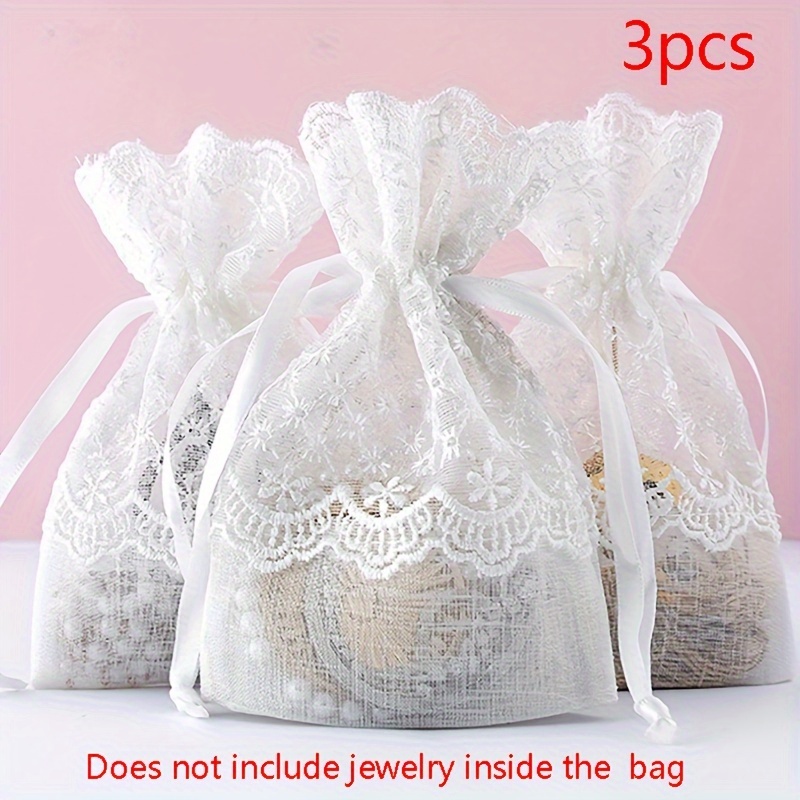 TEMU 3pcs White Embroidered Lace Bag, Drawstring Gift Bag, Jewelry Packaging Bag, Wedding Party Gift Drawstring Bag, Birthday Party Gift Storage Bag