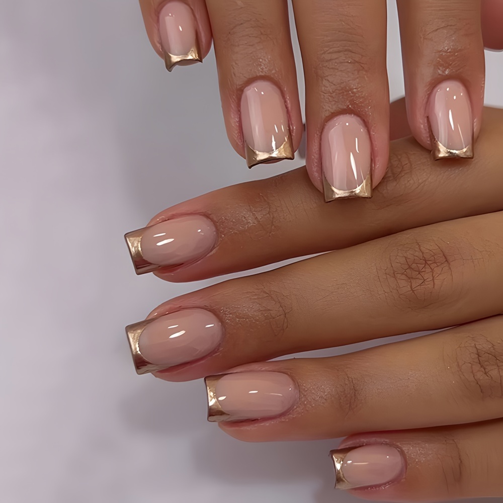 

24 faux ongles à pression rose brillant avec pointe française et bande dorée, forme carrée moyenne pour femmes et filles