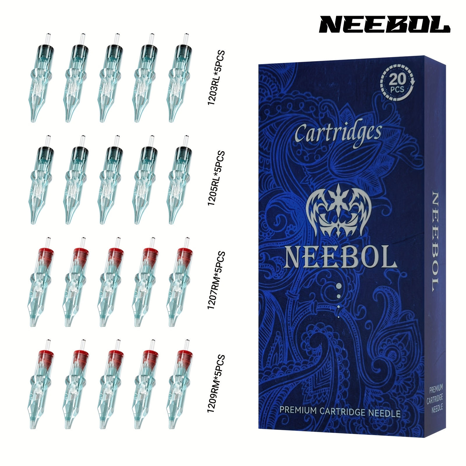 TEMU 20pcs Neebol Tattoo Cartridge Needles 1203rl 1205rl 1207rm 1209rm Assorted Tattoo Needle Standard Round Liner Tattoo Gun Supplies Accessories For Beginners And Artists Body Art Makeup Gift