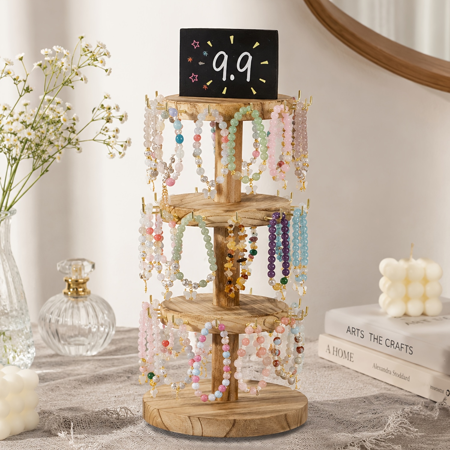 TEMU 3 Tier Rotating 360Â° Wooden Bracelet Display Stand, 36 Hook Jewelry Holder With Advertising Board, Bracelet And Keychain Display Rack For Vendor