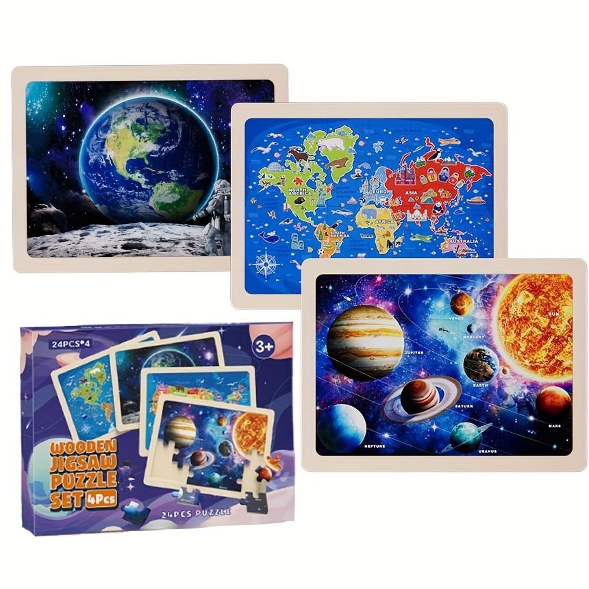 

24 Piece Set Of Children's Puzzles 3-5, 4 Packs Of Wooden Puzzles, Space Solar System Map, 4-8 Year Old Children's Puzzle In The United States, Christmas Birthday Gift For Boys And Girls