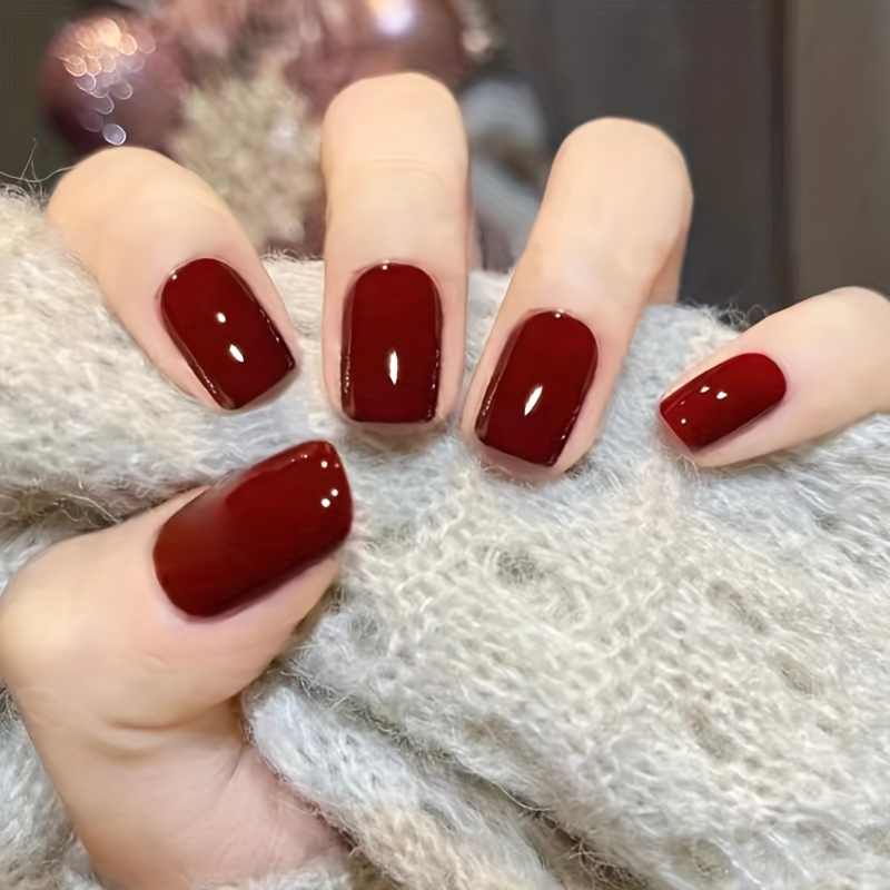 glossy wine red press on nails short square fake nails minimalist style temperament false nails solid color fake nails for women girls daily wear details 3