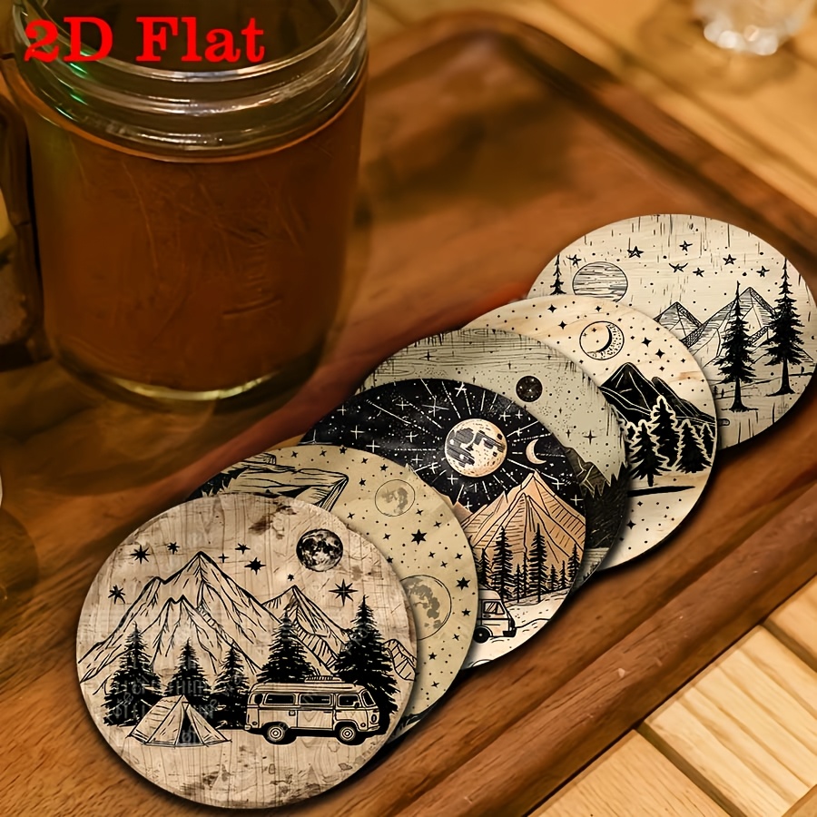TEMU 2D Flat – 6er-Set Holz Untersetzer mit Wald-Camping-Muster, Hitzebeständige und Verbrühungsschutz-Pads, Geeignet für Kaffeebars, Büros, Küchen,