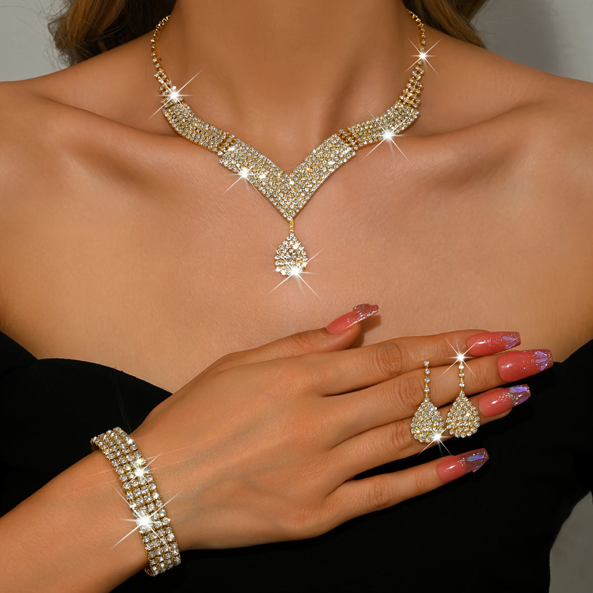 Fashionable, 3-color Options, Premium V-shaped Necklace With Teardrop Pendant, Earrings And 4-row Bracelet 3pcs Set, Luxurious Style Suitable For Prom And Party Additions