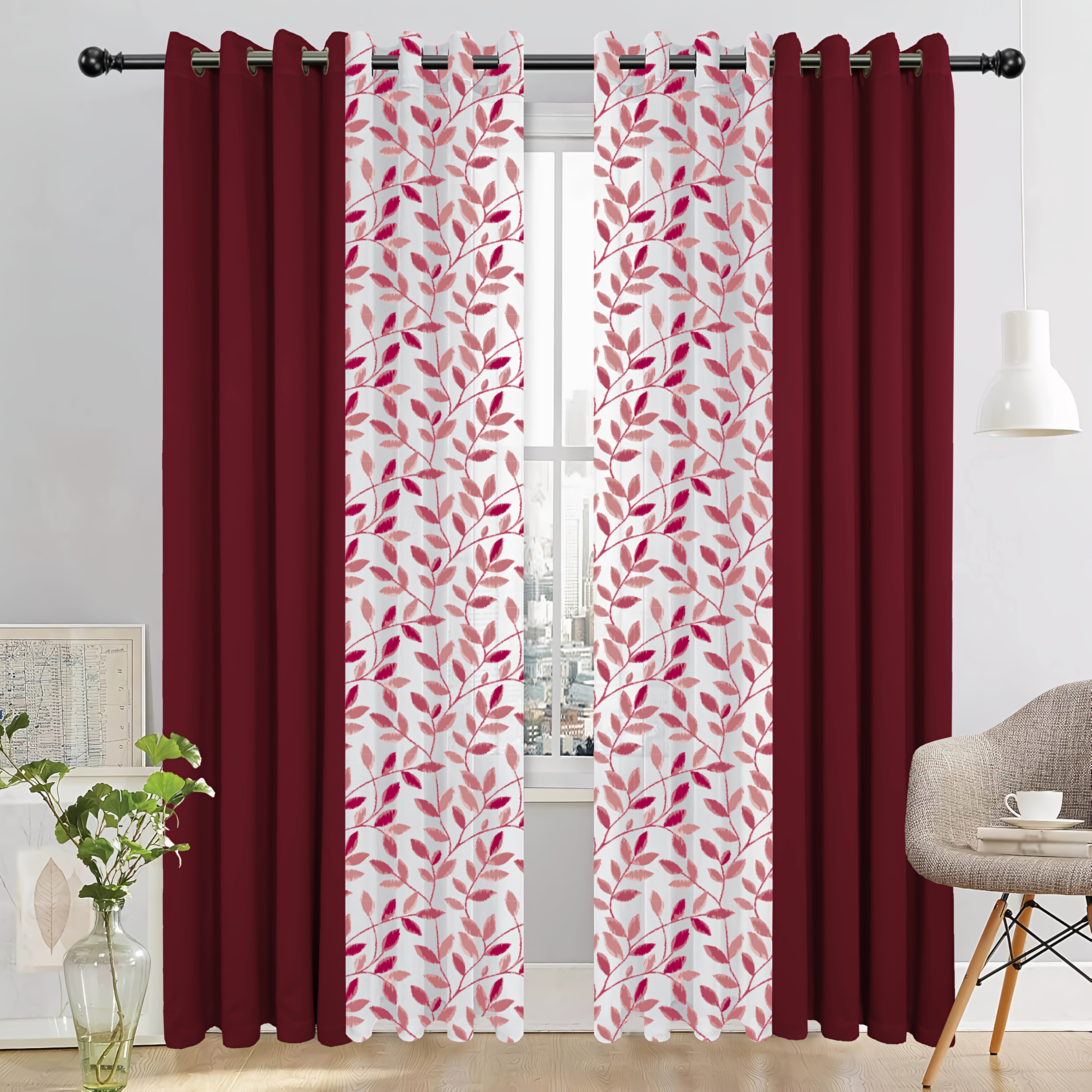 Elegant 4pcs Blackout Curtain Set with Spring Leaf Print
