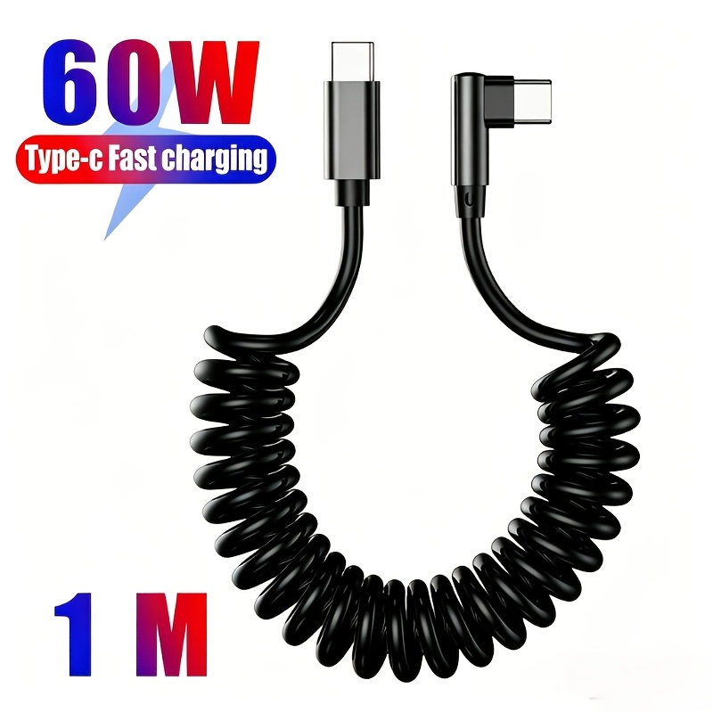 TEMU 60w Charging Type C Cables Right Angle Coiled Usb C-c Car Charger Cord For Iphone For Carplay Retractable Wire