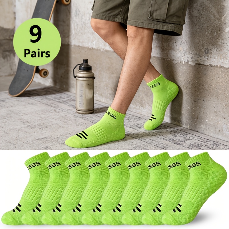 TEMU 9 Pairs Neon Green Unisex Socks, Soft Breathable Blend With Non-slip Towel Bottom, Sweat-absorbent, Ideal For Outdoor Activities And Casual Wear