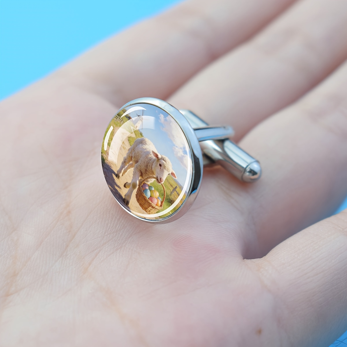Cufflinks with Glass Inlay Sheep Holding Easter Basket