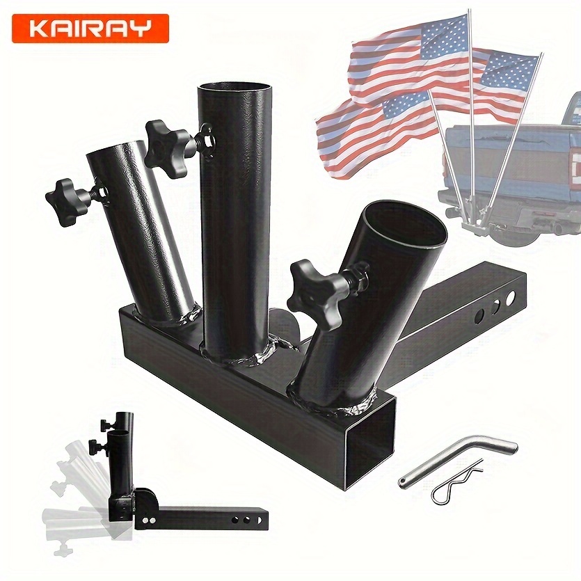 TEMU Hk Kairay Foldable Hitch Mount 3 Flag Pole Holder Three-headed Flagpole Universal For Standard 2 Inch Receiver Fit For Suv Rv Pickup