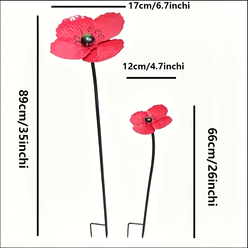 Image of [3d] 2pcsa Large And A Small Flower.metal Red Poppy Flower Garden Stake Decor, Outdoor Yard Art Ornament, Rustproof Iron Floral For Lawn Patio Farm Decoration