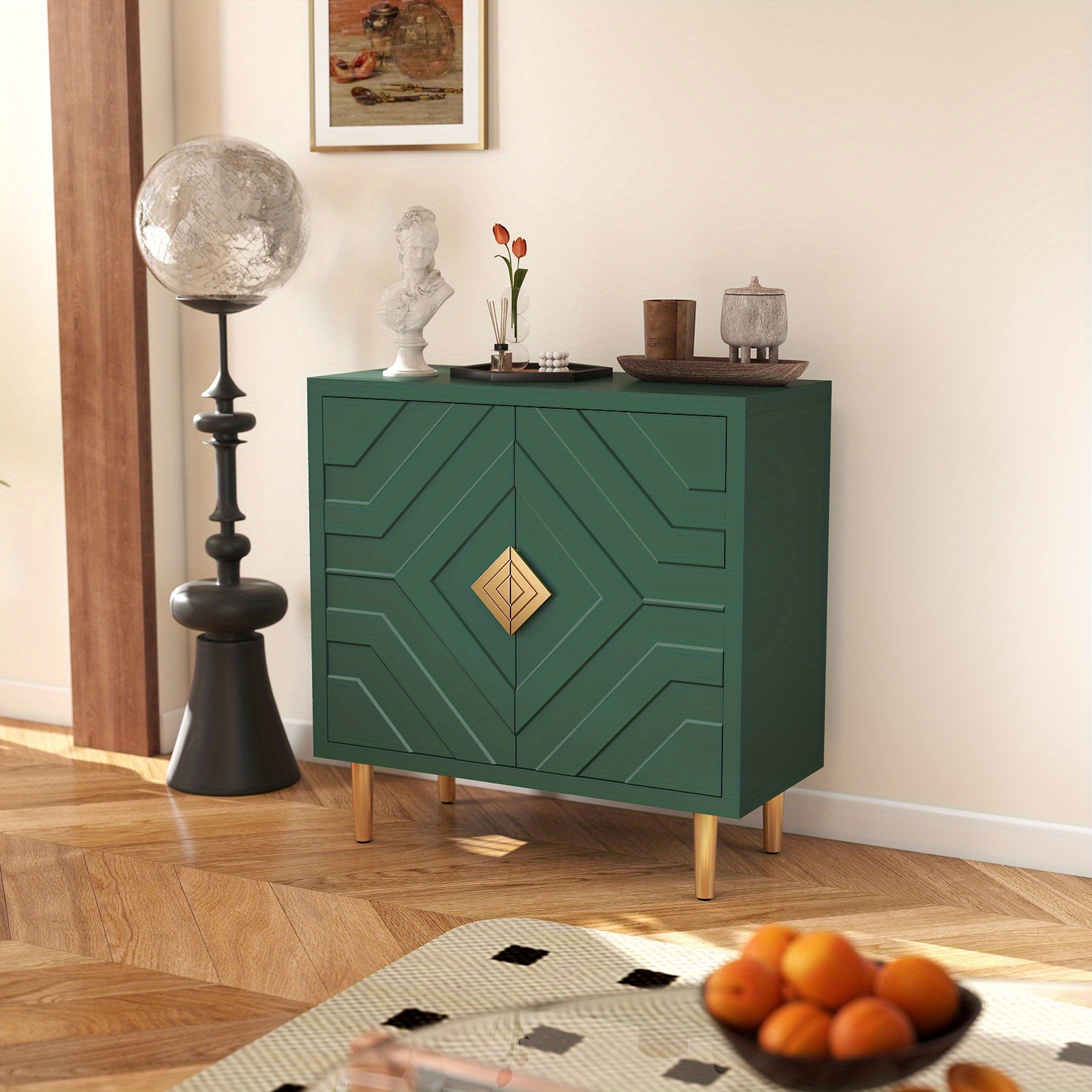 Side Cabinet - In Multiple Colors, Double-door Wooden Cabinet With Square Patterns