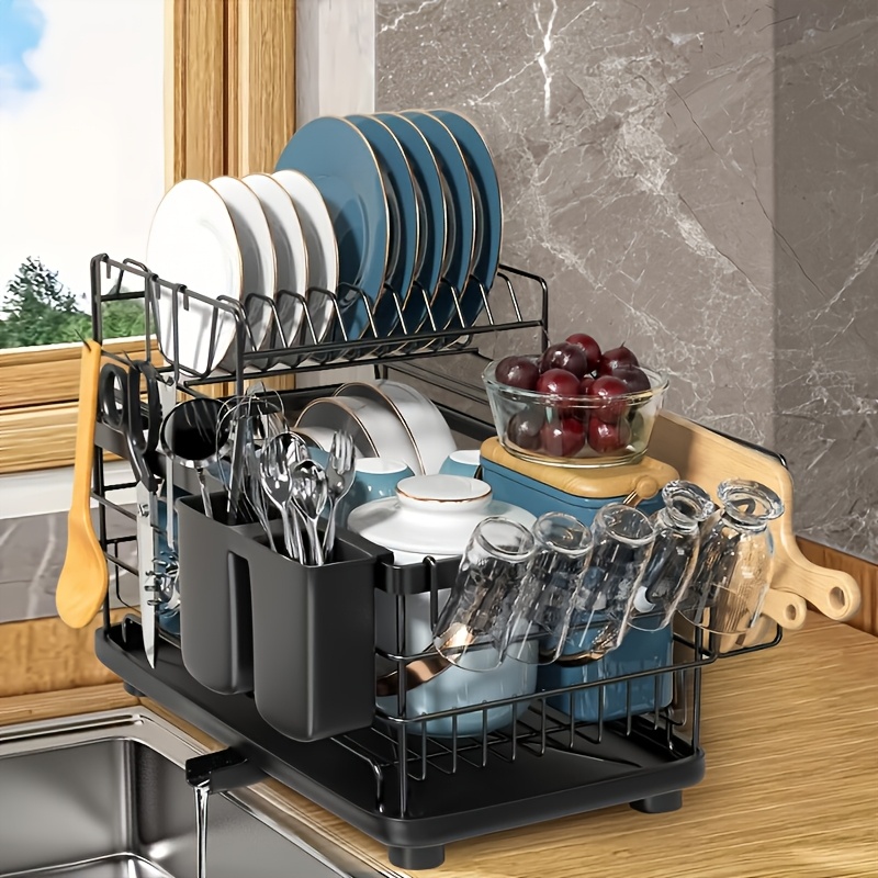 heavy duty space saving countertop organizer large capacity dish drainer rack with cutting board cup holder 3 hooks rust resistant kitchen storage for plates bowls utensils cups compact over sink or countertop use modern   dish drying rack for kitchen counter sturdy construction busy households Product details 1