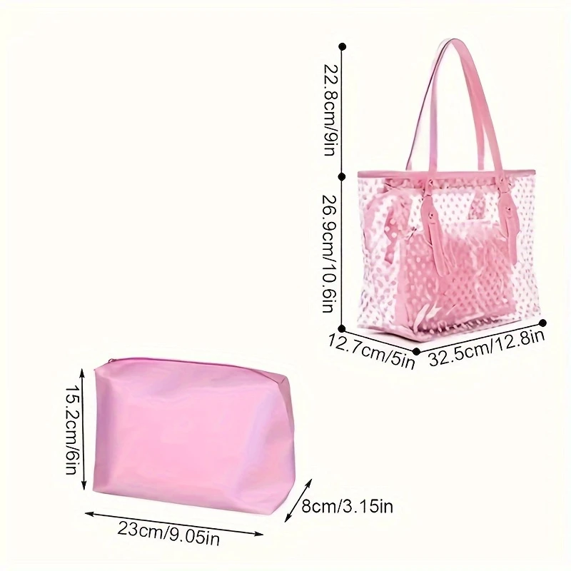 2 piece transparent pvc transparent beach bag clear shoulder bag with inner pocket dot pattern handbag white details 3