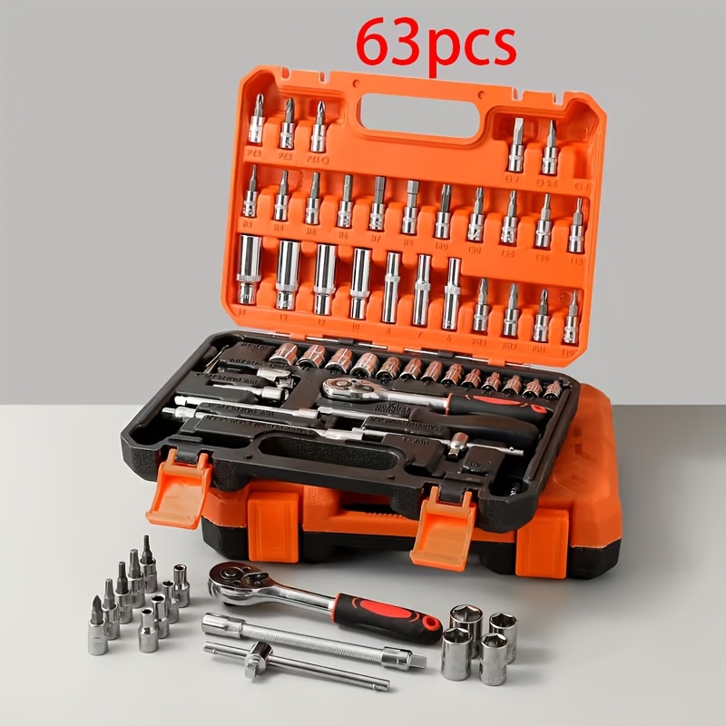 TEMU New Upgraded 50/63/226pcs Car Repair Tool Set, Ratchet Wrench, 1/2", 1/4", 3/8" Sae Metric Socket Wrench Set, Professional Repair Tools For