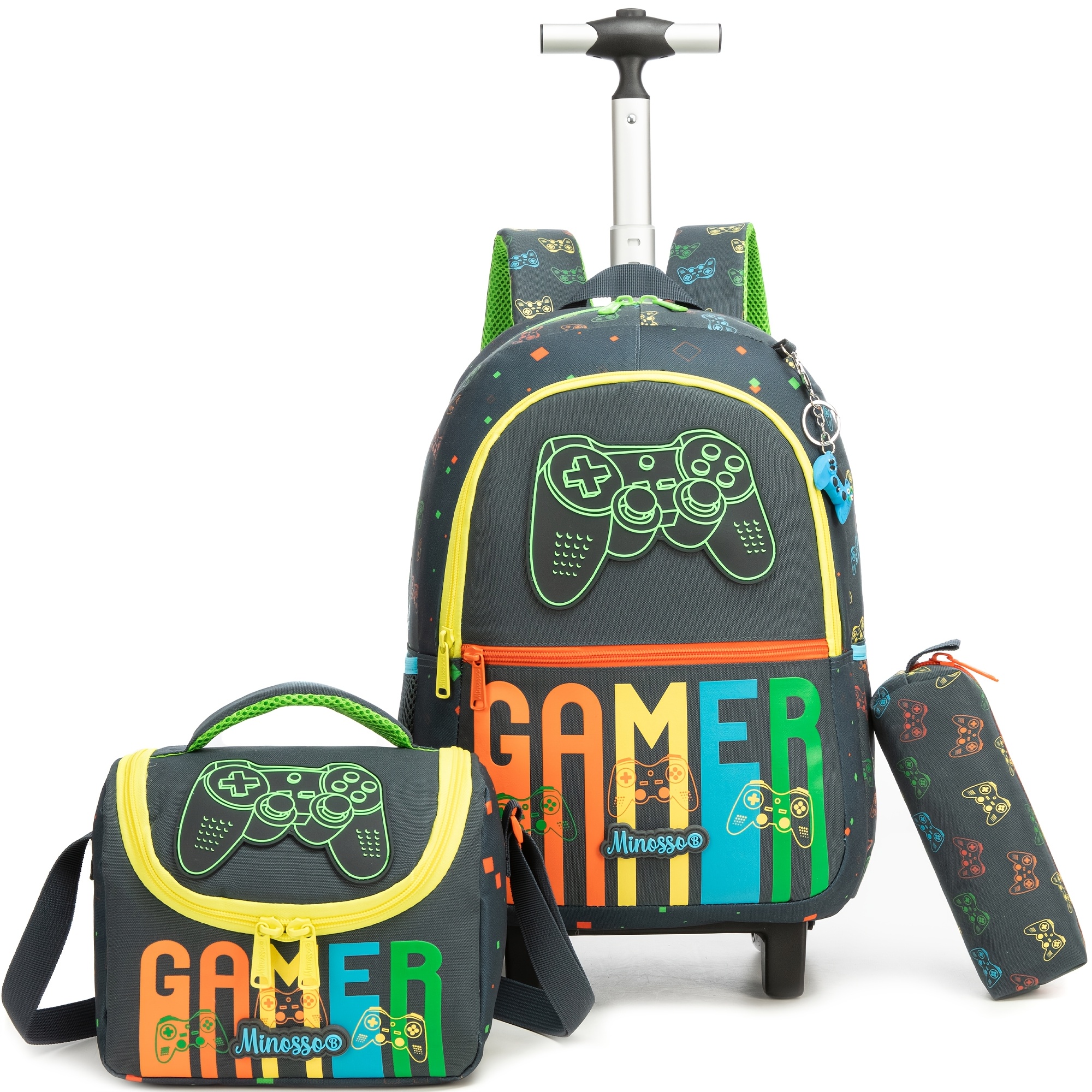 3pcs rolling backpack set for boys wheeled school bag with lunch box pencil case gamer basketball race car print kids backpack back to school