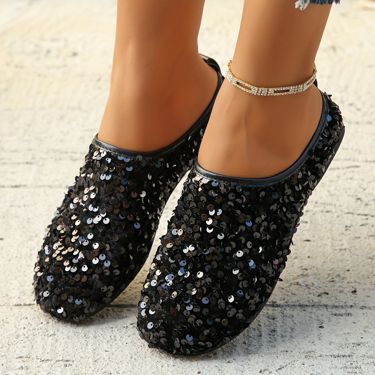 womens summer sequin embellished round toe mules thick Temu