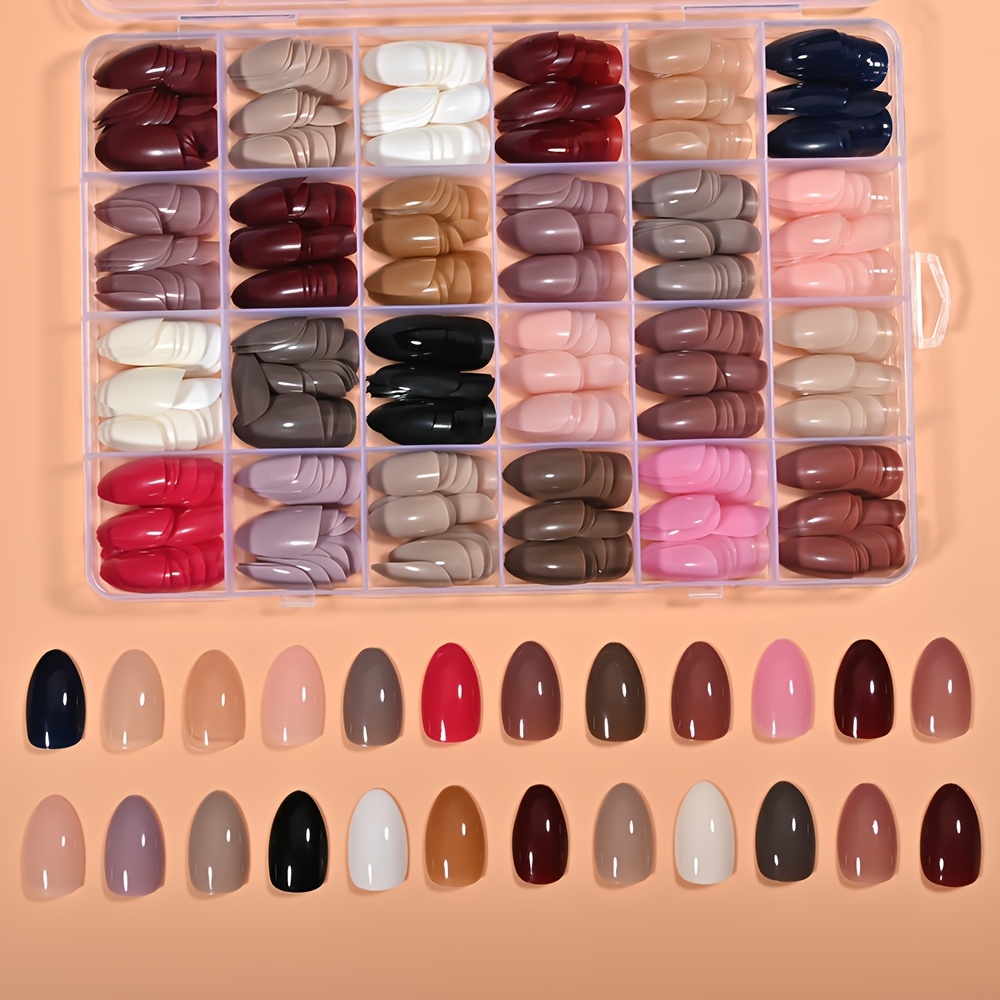 Image of 576pcs Mixed On Nails, Short Almond Nude Acrylic Fake Nails, Reusable Glossy Solid Colors False Nails For Women Daily & Office Manicure