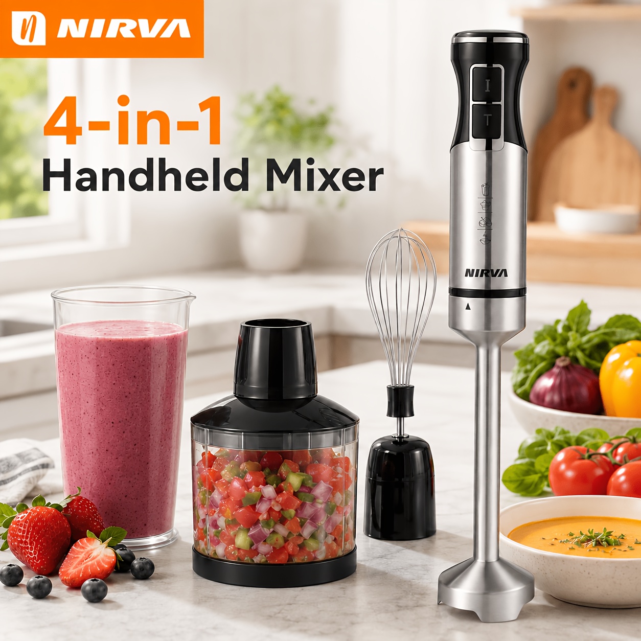 Image of 4-in-1hand Blender Set With Chopper Whisk Measuring Cup Food-grade Powerful Motor Multi-functional Portable Kitchen Gadget For Smoothies Soups Sauces Food Cooking Appliance