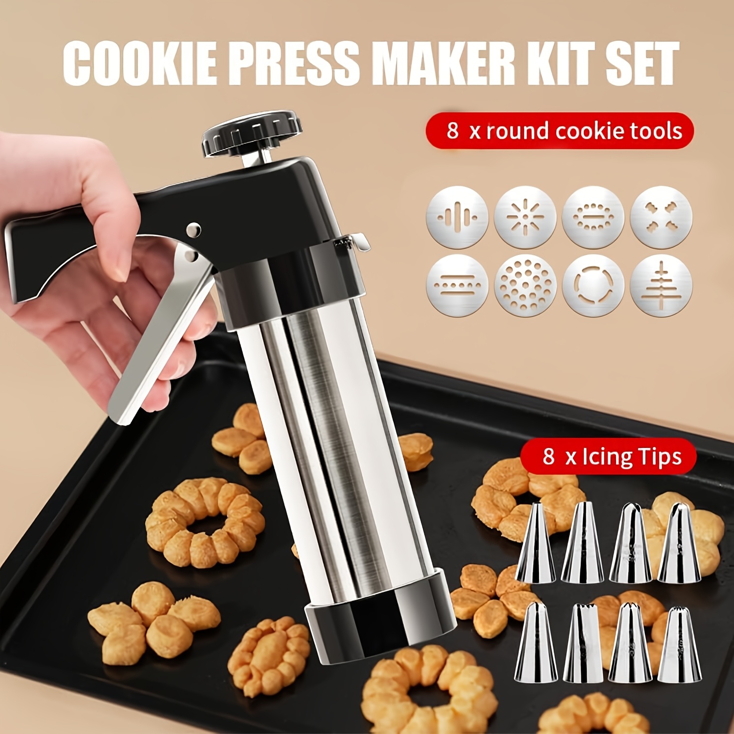 TEMU Cookie Press Gun Kit- Stainless Steel Maker, With 8 Mouths +8 Flower Slices No Electricity Needed, Perfect For Kitchen & Restaurant Use For Diy