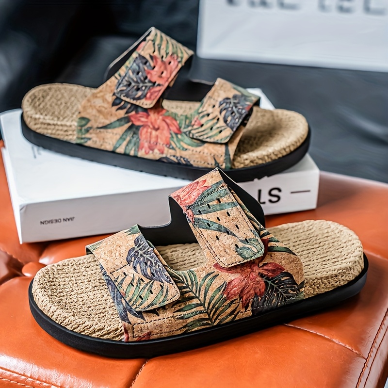 mens slip on sandals tropical floral     dry pu upper cushioned eva insole non slip pvc sole for pool vacation casual outdoors slip resistant footwear brown   blue   white lightweight summer footwear for men poolside footwear stylish   durable trivet   slides trendy slides breathable slides   Product details 6