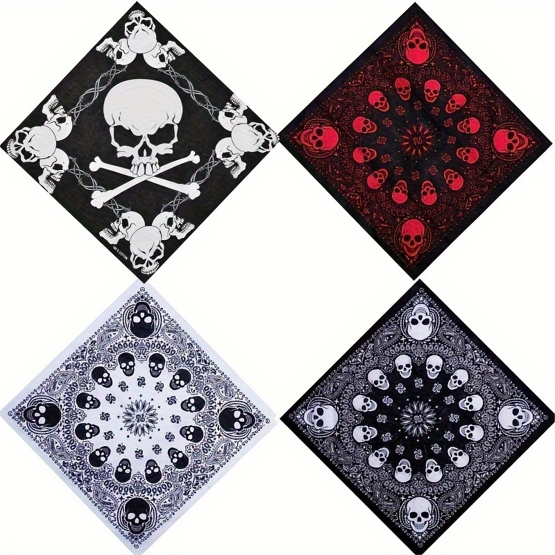 

4pcs Vintage Skull Print Cotton Bandanas For Men, Breathable Hip-hop Pirate Headscarves With Paisley Motif, Woven Hand Washable Handkerchiefs With Printing , 100% Cotton Accessories