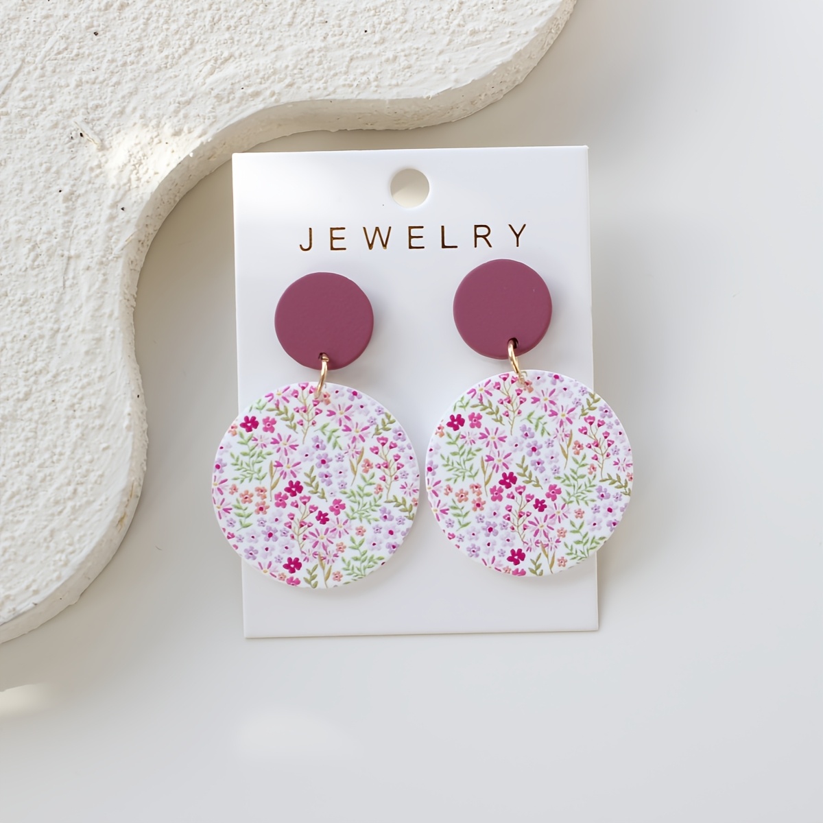 Image of 1 Pair Spring Summer Classic Round Stud Earrings Contrast Floral Printed Acrylic Women' Earrings Clay Texture Cute Elegant Suitable For Daily All-match Party Vacation Gift Holiday Present
