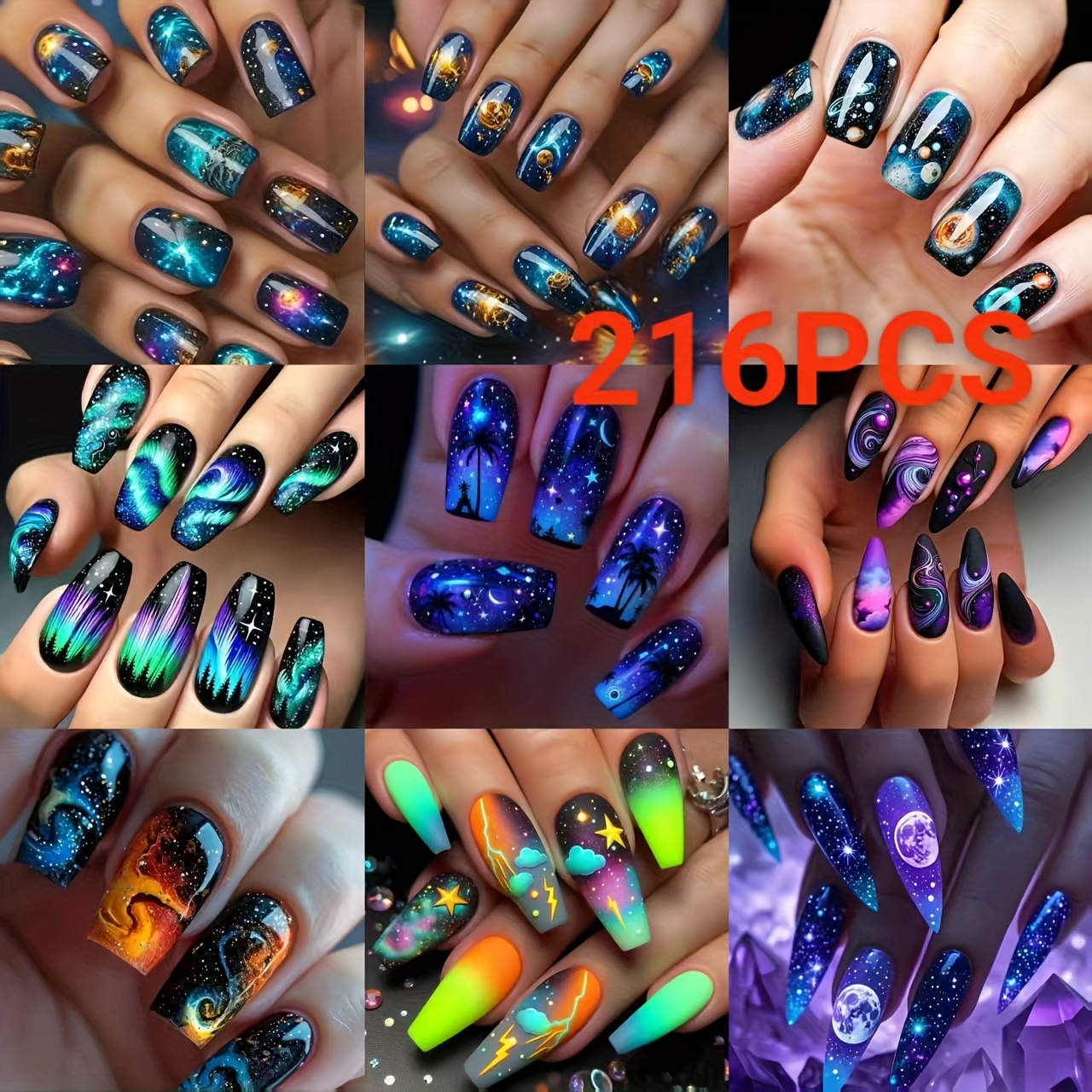 TEMU Combo Nail Art Set With 216pcs (), Showcasing Themes, A Wide Starry Sky, Stripes, And A Of Patterns; Includes Removable Press-on Fake Nails