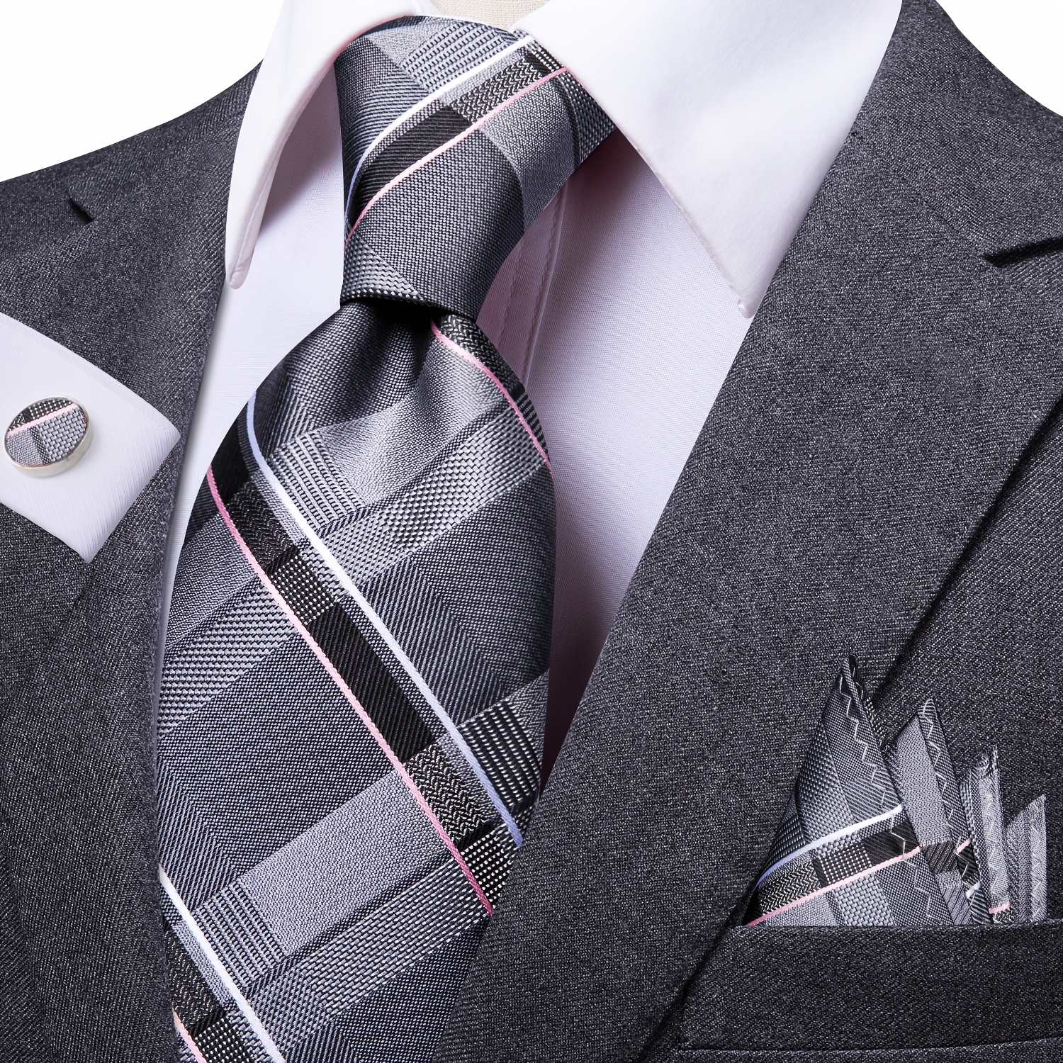 Mens Classic Fashion Tie Grey Striped Ties And Handkerchief Square Set Business Event Wedding Party Essential For Festivals