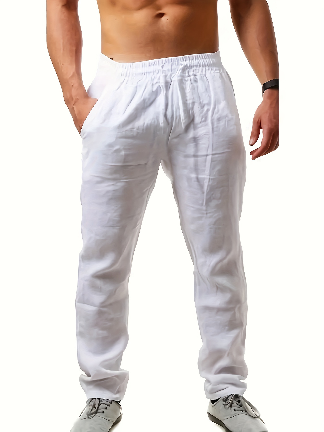 Pantalon décontracté respirant d'été pour hommes, pantalon décontracté ample de couleur unie pour hommes, pantalon décontracté polyvalent avec cordon de serrage et poches