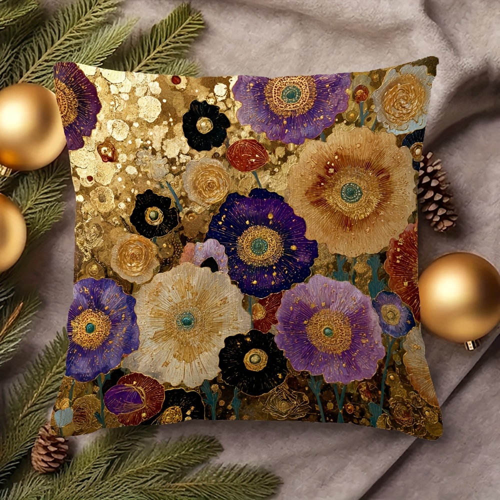 TEMU 1 pièce Taie d'oreiller décorative, Taie d'oreiller Klimt florale à bordure dorée, Impression 2D à plat, Impression , coussin, 17,72 x 17,72