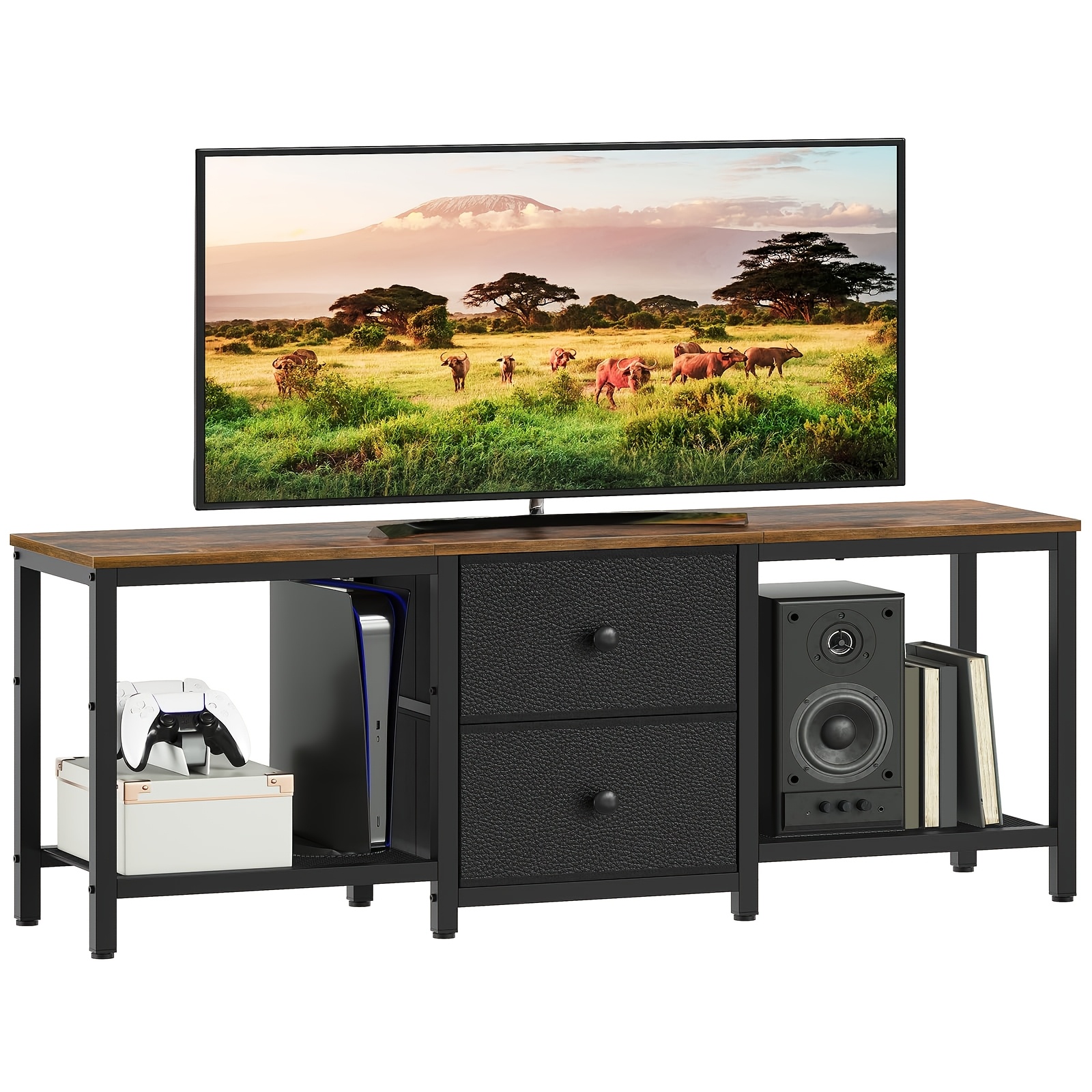 Tv Stand Suitable For 55-inch And Smaller Tvs", Entertainment Center With 2 Fabric Drawers, Media Console With Shelves, Tv Stand For Living Room, Bedroom, Black