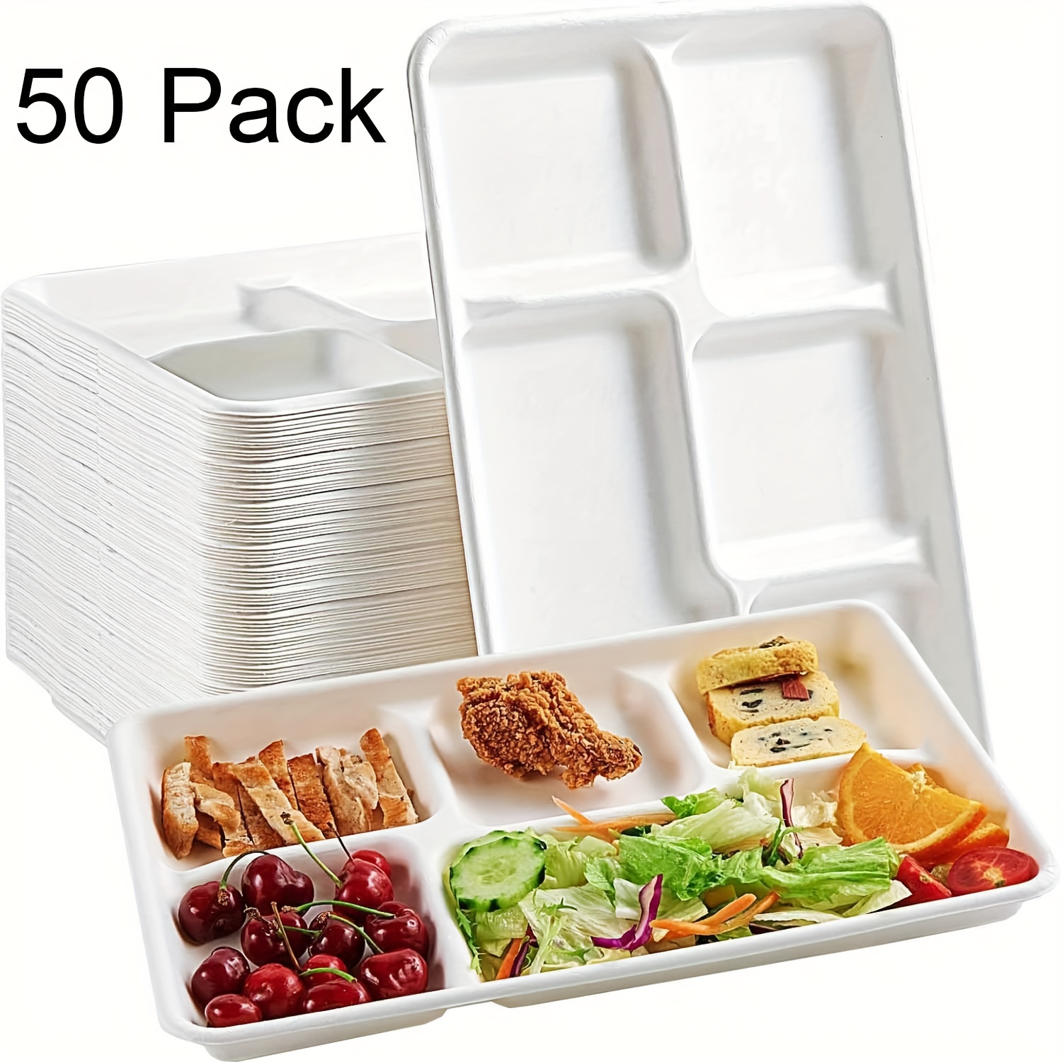 TEMU 50 Pack 5 Compartment Plates, Disposable Compartment Paper Plates, 12.5 * 8.6 Inch Sugarcane Plates, School Lunch Trays, Parties, Picnic,