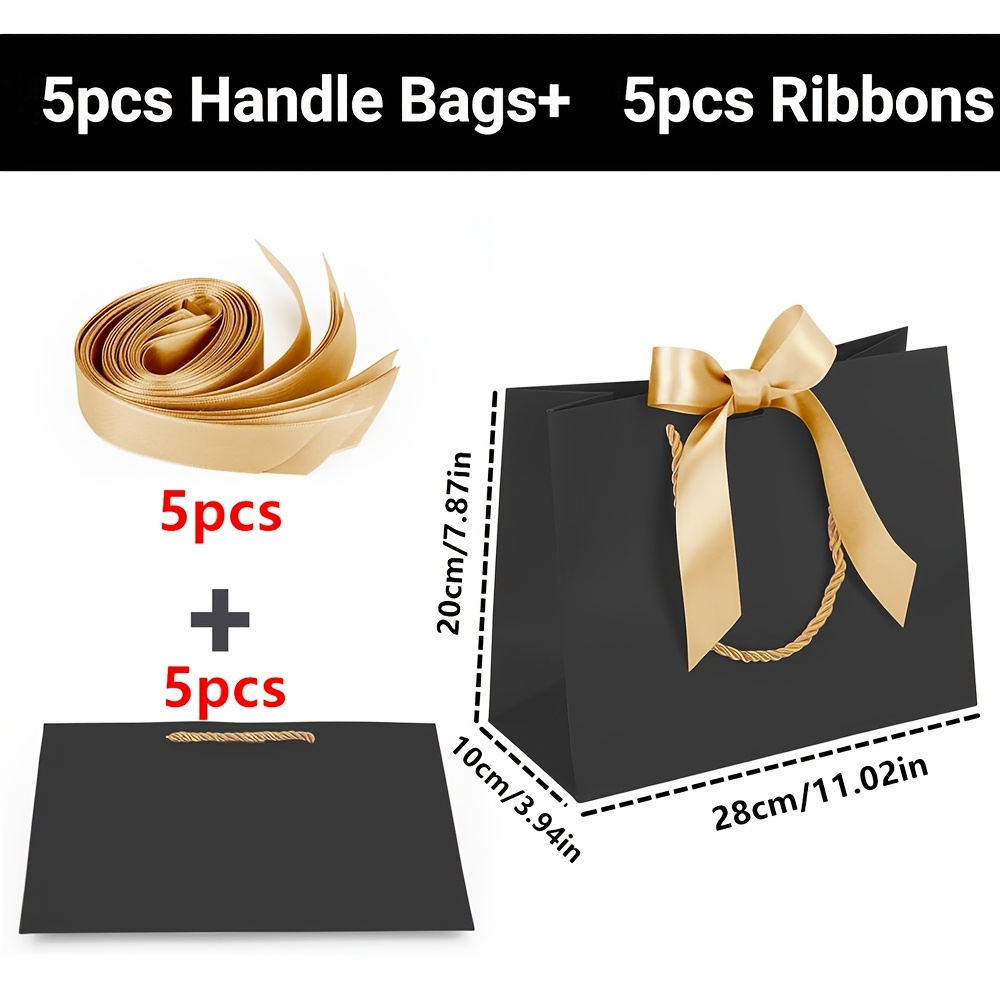 TEMU Gift For Her/him Set Of 10 Items (5 Golden Ribbons And 5 Black Gift Bags) Featuring Golden Bowknot Handles, Offered In 3 Sizes (large, Medium,