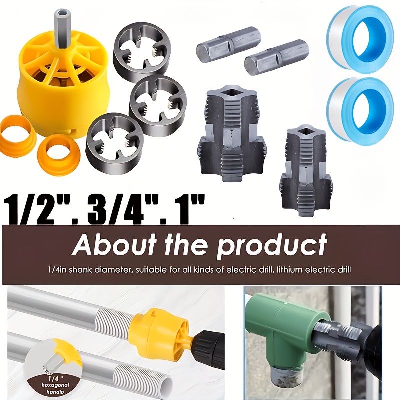 12pcs steel pipe threading tool set a kit with three dies external and internal designed for use with drill to create threads on pvc pipe this plastic pipe thread die kit is suitable for 1 2 inch 3 4 inch and 1 inch water pipe threads Product details 0